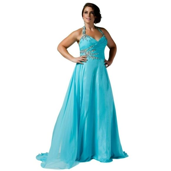 Mac Duggal Fabulouss Halter Dress Ball Gown 81609f Size 16 Blue Rhinestone - Picture 1 of 9